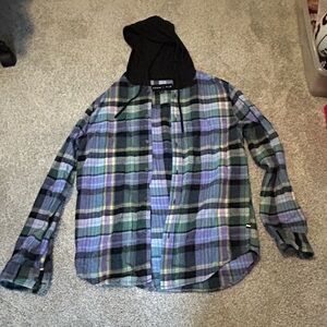 Plaid Hooded Shirt - Blue and Green